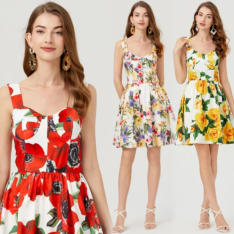 CPSYMYM Sommer Mode Kurze Boho Kleid Frauen Mini Blumen Druck Kleid Weibliche Ärmel Hängenden Gürtel Gedruckt Taille Gefaltetes Kleid