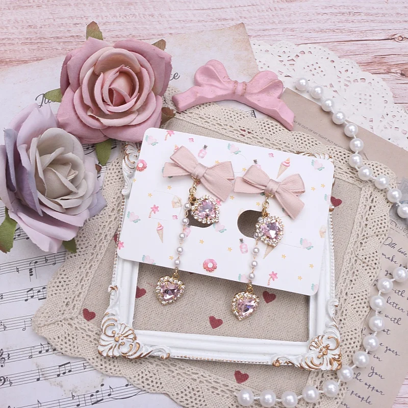 라인 석이있는 로리타 JK 스타일 귀걸이 달콤한 수제 활 진주 체인 여성 귀걸이 귀걸이 925 실버 바늘 클립