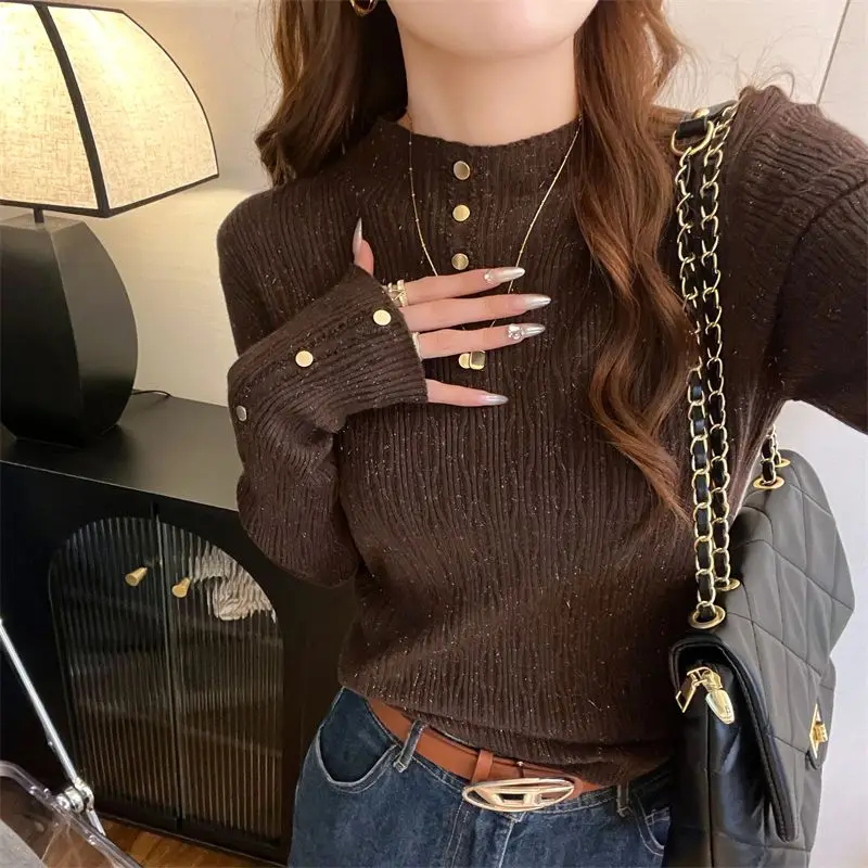 Spring Autumn Sweet Half High Collar Solid Color Button Long Sleeve Women\'s Clothing Pullover Sweater Knitted High Street Tops