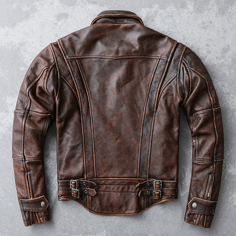 100% Genuine Leather Jacket Men Vintage Natural Cowskin Retro Coat Spring Mens Leather Motorcycle Jackets Brown Chaquetas Hombre