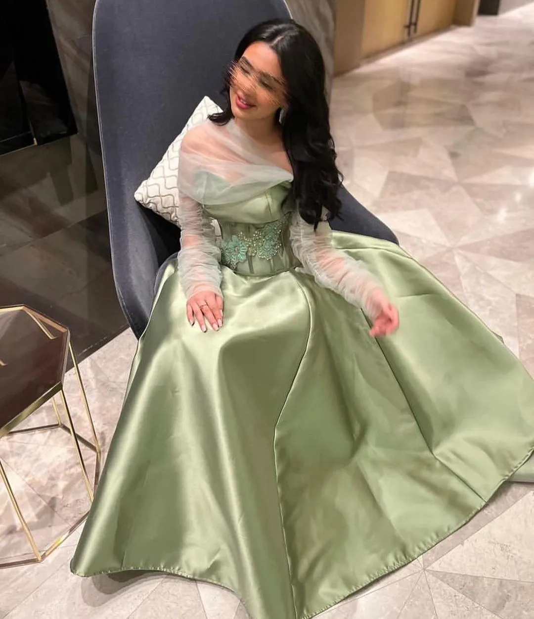 Fashionvane Sweetheart Saudi Arabia Women Wear Evening Dresses Tulle Long Sleeves Prom Gowns Beaded Applique Sash Vestido Des