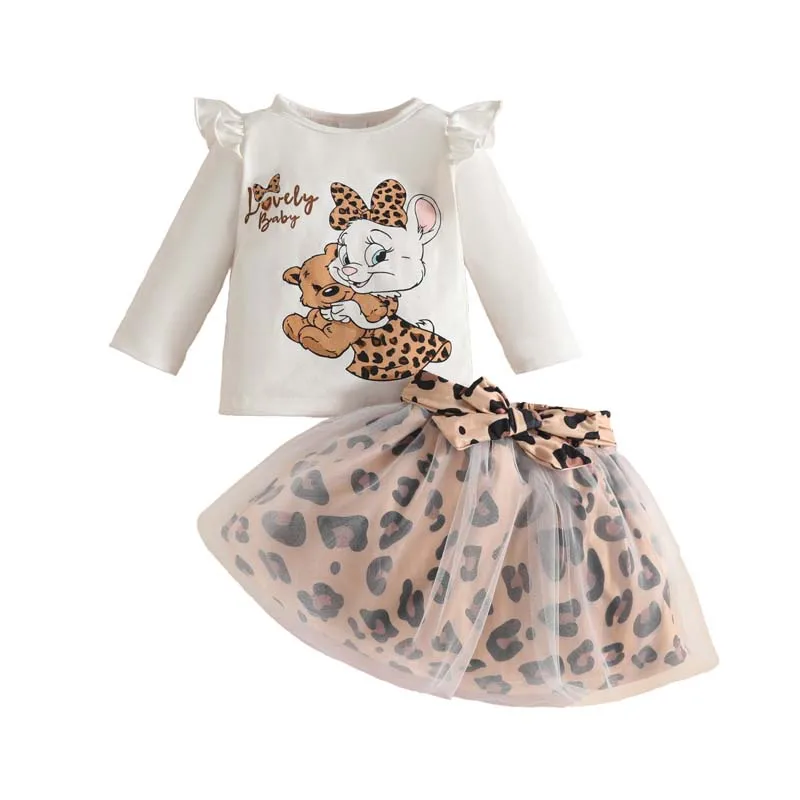 

Infant Girl Set Autumn Long Sleeve Cartoon Tops Mesh Leopard Print Skirt 2Pcs Sets Newborn Clothes Toddler Girl Outfits 1-3Years