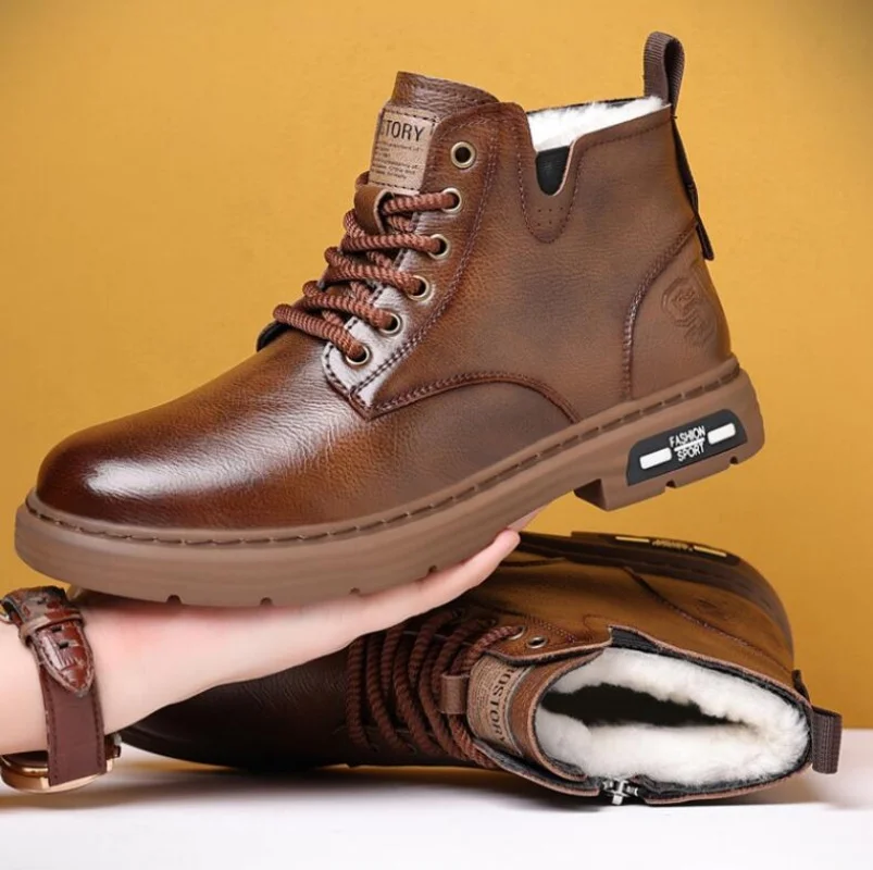

D68 зимняя обувь из натуральной кожи, мужские зимние ботинки, теплые плюшевые брендовые мужские ботильоны на плоской подошве, черные, коричневые, нескользящие