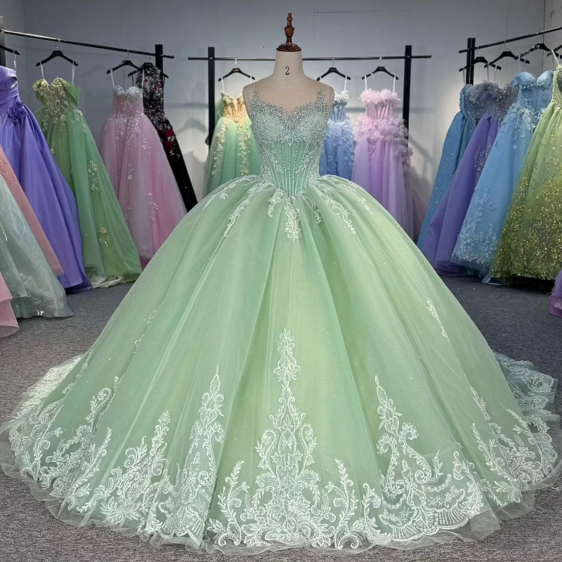 

Sparkly Green Quinceanera Dresses Ball Gown Sequin Lace Applique Beading Crystal Tull Corset Sweet 16 Dress Vestidos De 15 quinc