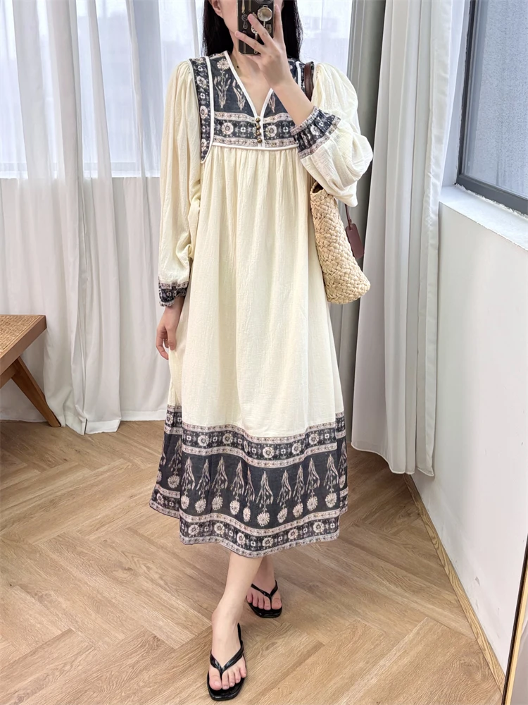 New 2024 High Quality Women 100% Cotton Long Dress Patchwork Vintage A-Line Elegant High Street Chic Stunning Fashion Design SA