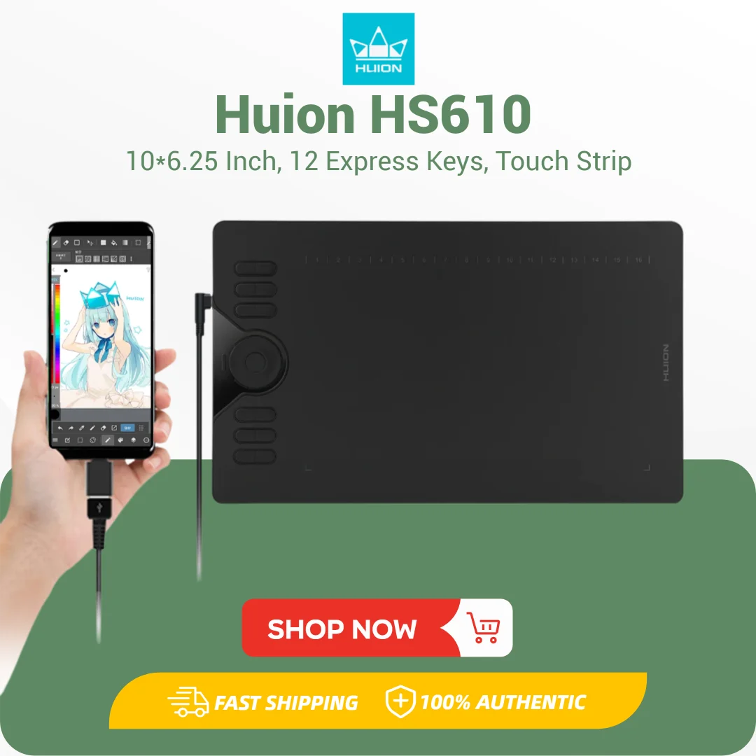

Huion HS610 Graphics Tablet 10x6.25 Inch Drawing Tablet Easy Android Phone Connection with OTG, Lightwight to Carrry Outdoor