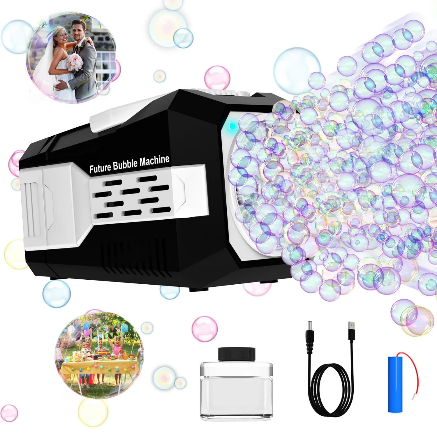 Automatyczna maszyna do robienia baniek mydlanych |   Szybkie wytwornictwo 20000+ bańek/min |   Zasilany przez zasilacz sieciowy/baterie |   Roztwór 10X na przyjęcia urodzinowe i dla pielęgniarek