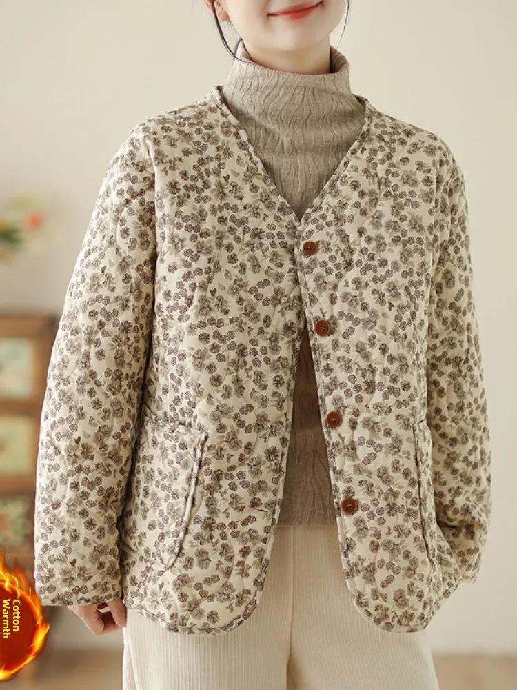 

Thiened Cotton Jaet Women's Loose Sle Winter Coat Floral Gourd Pattern Print Design Warm Lightweight Retro Sle