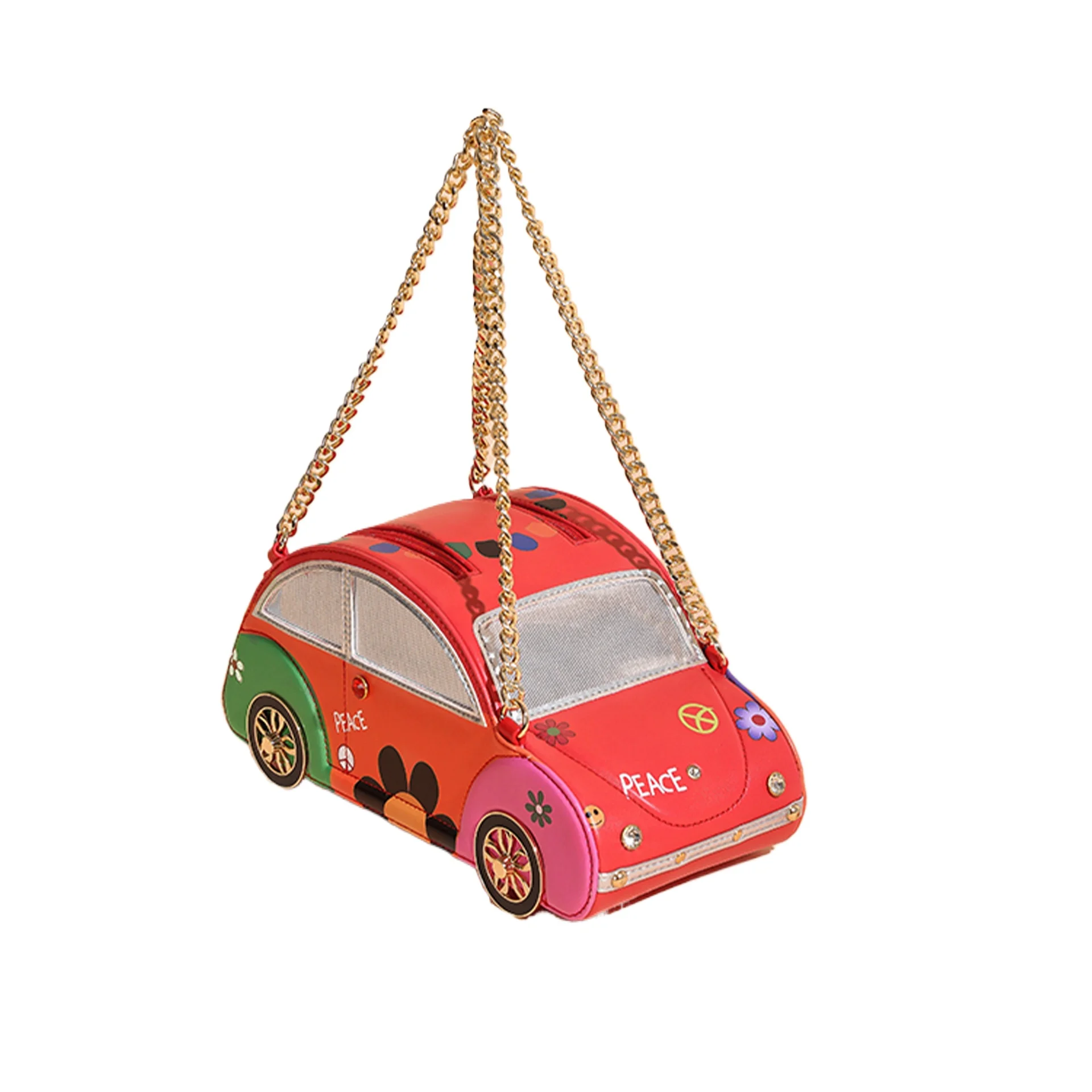 

New Fashion Women's Handbag Color Collision Personality Exquisite Chains Bag Small Car Shape PU Leather Zipper Closure Handbag