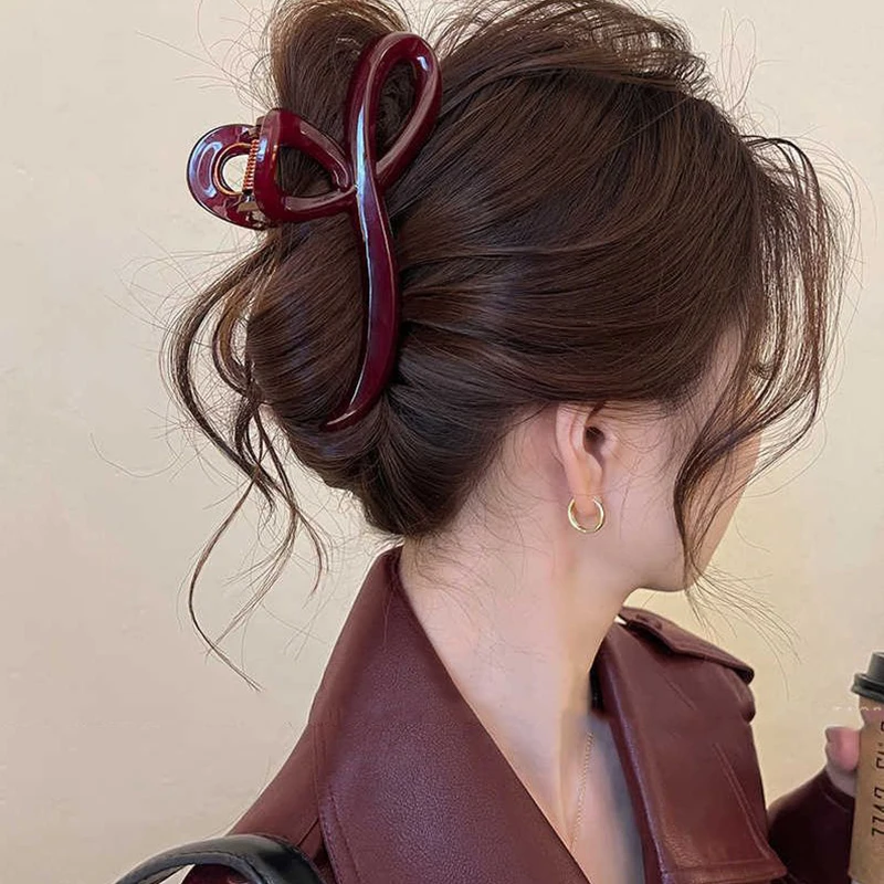 Women Large Dark Red Color Hair Claws Barrettes Hairpins Plastic Ponytail Hair Clips Girls Senior Hair Shark Clip Accessories