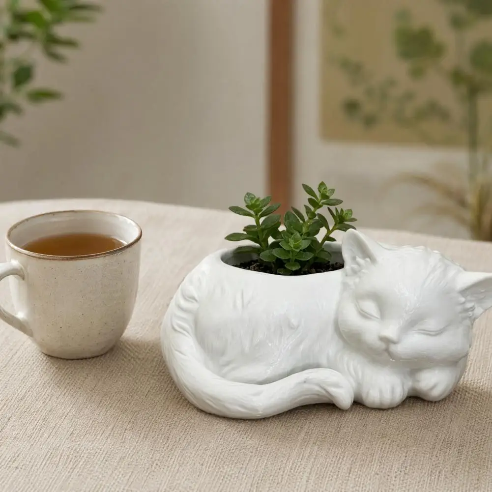 White Matte Flowerpot 3d Printed Cat Flowerpot Mini Desktop Planter for Succulents Decorative Small Green Plant Holder Unique