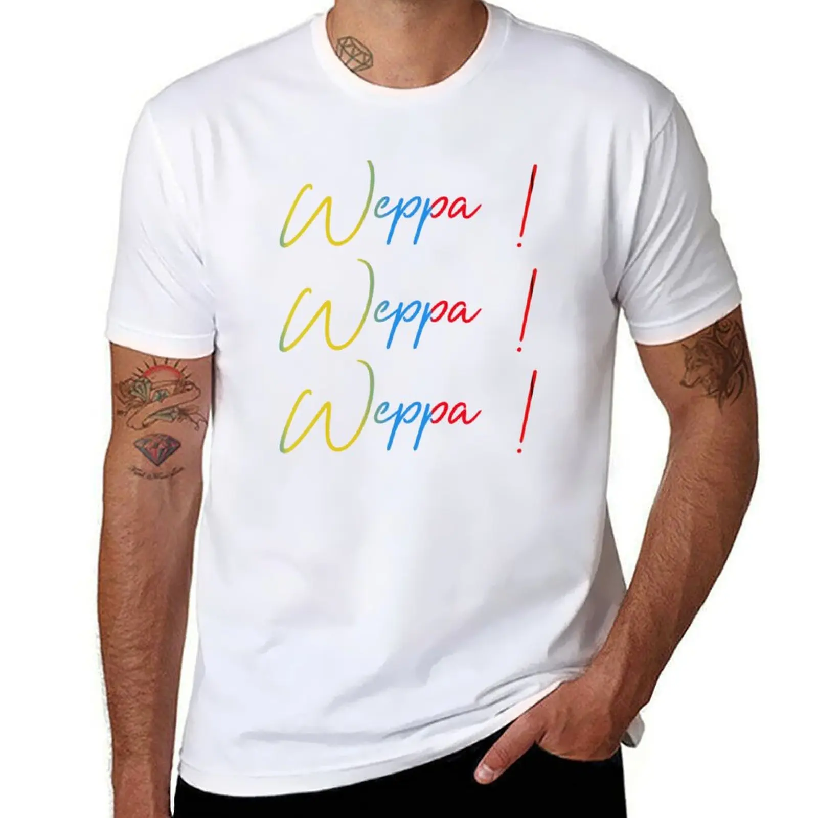 

Logo of my fitness activity Weppa with personaje and text color of the flag of Ecuador T-Shirt man t shirts cotton T-Shirt