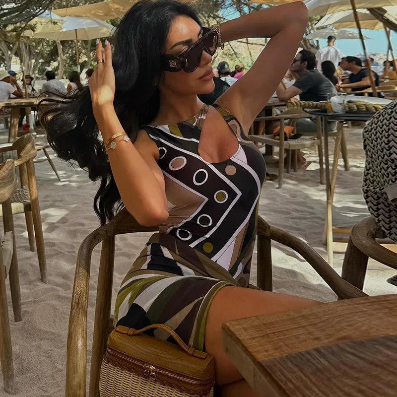Traje de baño de una pieza de diseño de lujo para mujer con falda, Bikini calado con estampado geométrico Sexy, traje de baño para playa a la moda