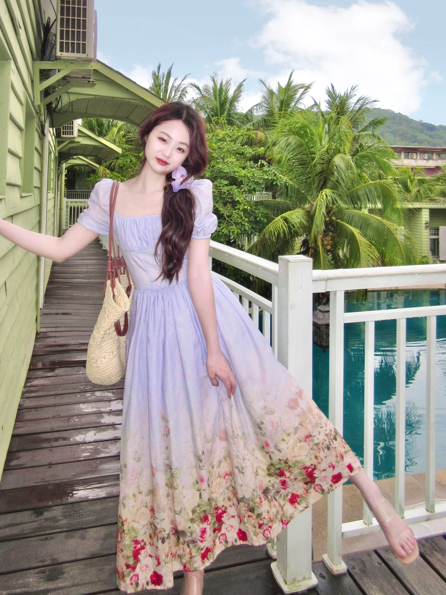 

Joey Floral Print Square Ne Long Dr Polyester Fabric Bubble Sve A-Line Skirt Summer Spring Autumn Women's Dr