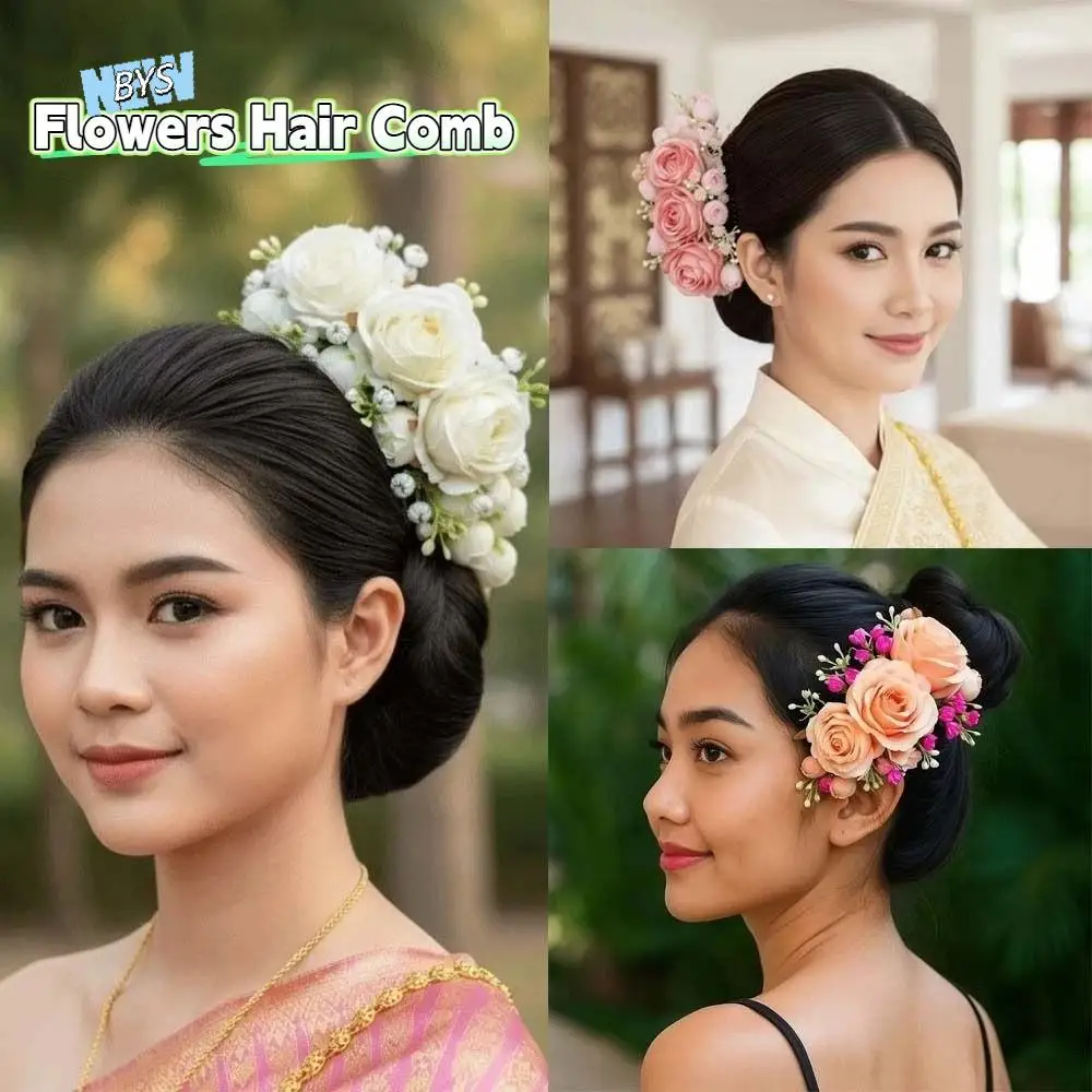 

Элегантная заколка для волос с милыми цветами, роза в тайском стиле, расческа для волос с розой, головной убор с цветочным принтом, тканевый шиньон, заколки для волос для девочек