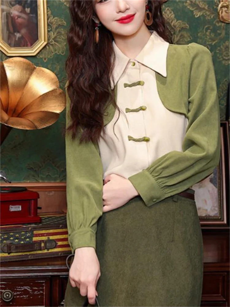 Retro เสื้อผู้หญิงเสื้อจีน Vintage Dial Buckle เสื้อจุดคอเสื้อสเวตเตอร์ถักเสื้อผ้าผู้หญิงเสื้อ Splice Blous