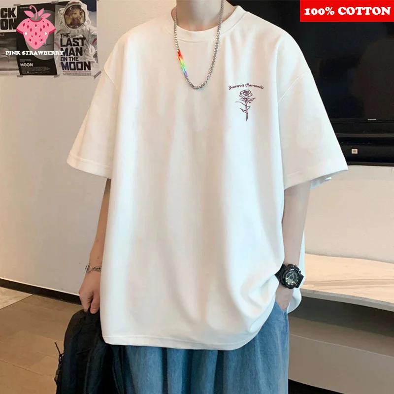 

100% Cotton High Quality T-shirt Men Summer 2025 New Short sleeve American Rose Print T-shirt Loose Casual Y2k Top men clothing