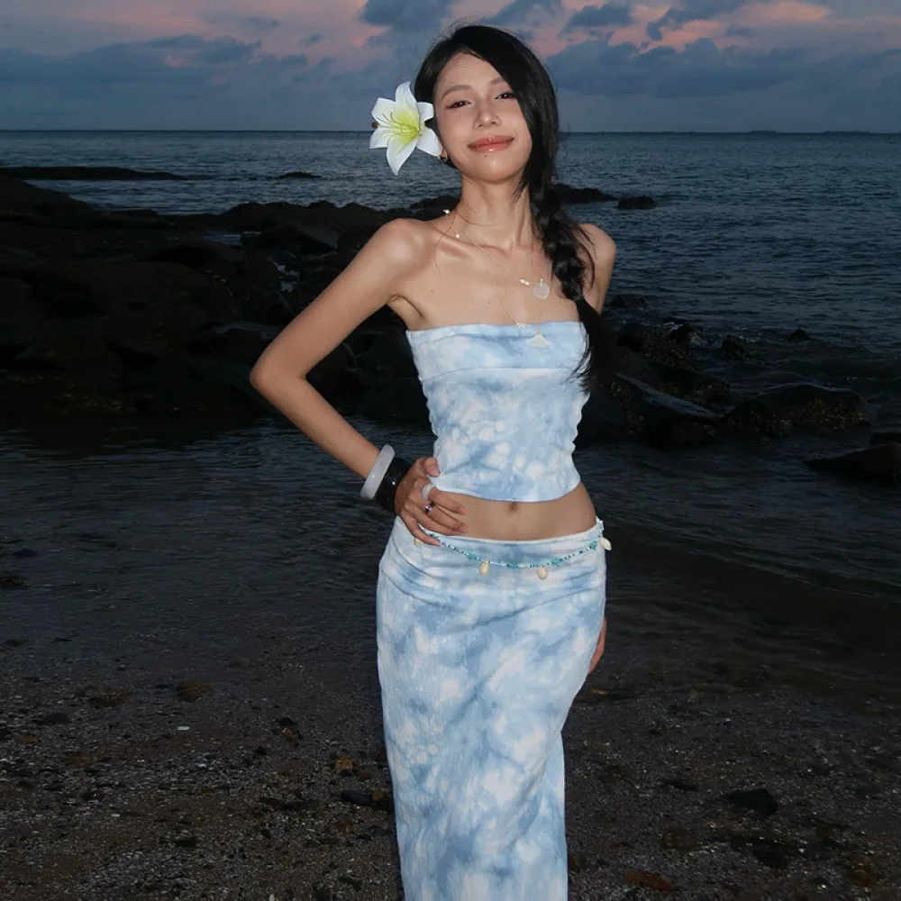 

SylCue Tie-Dye Design 2 Piece Set Women Sexy Backless Navel Exposed Strapless Tops+Skinny Long Skirts Summer Beach Style Outfits