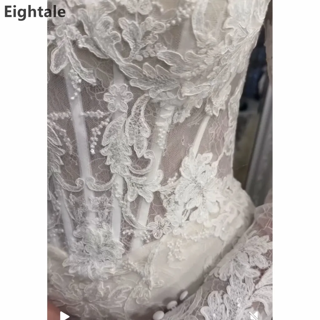 فساتين زفاف Eightale فاخرة حورية البحر بأكمام طويلة بدون أكتاف 2025 زي العرائس مزينة بالدانتيل رداء De Mariage مخصص