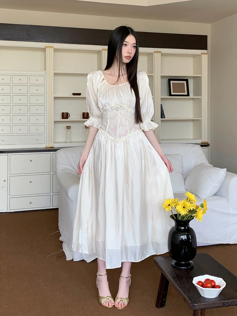 ReddaChic-vestido Medieval Retro de satén con Control de barriga para mujer, vestido largo con faja de encaje recortada y manga abombada brillante, ropa de verano de hadas