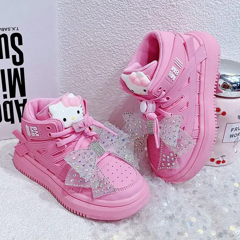 Hello Kitty Cartoon Girls Sneakers Kawaii Sanrio Autumn and Winter New Fashion Children\'s Soft Sole High Top Board Shoes Gifts