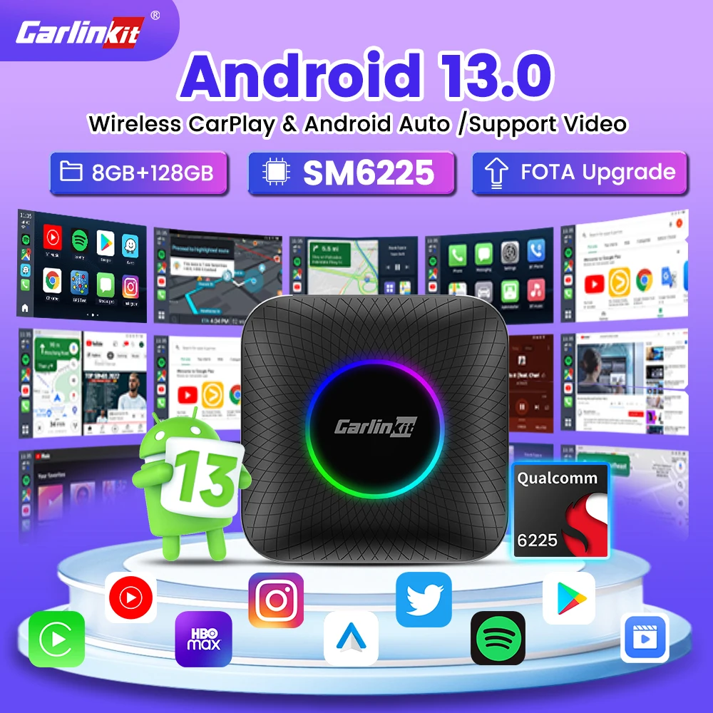 Carlinkit TV 박스, 안드로이드 13 LED 주변 카플레이, 안드로이드 자동 무선 어댑터, 지지대 스트리밍, T맵 네이버, 아프리카TV, Hulu HBO