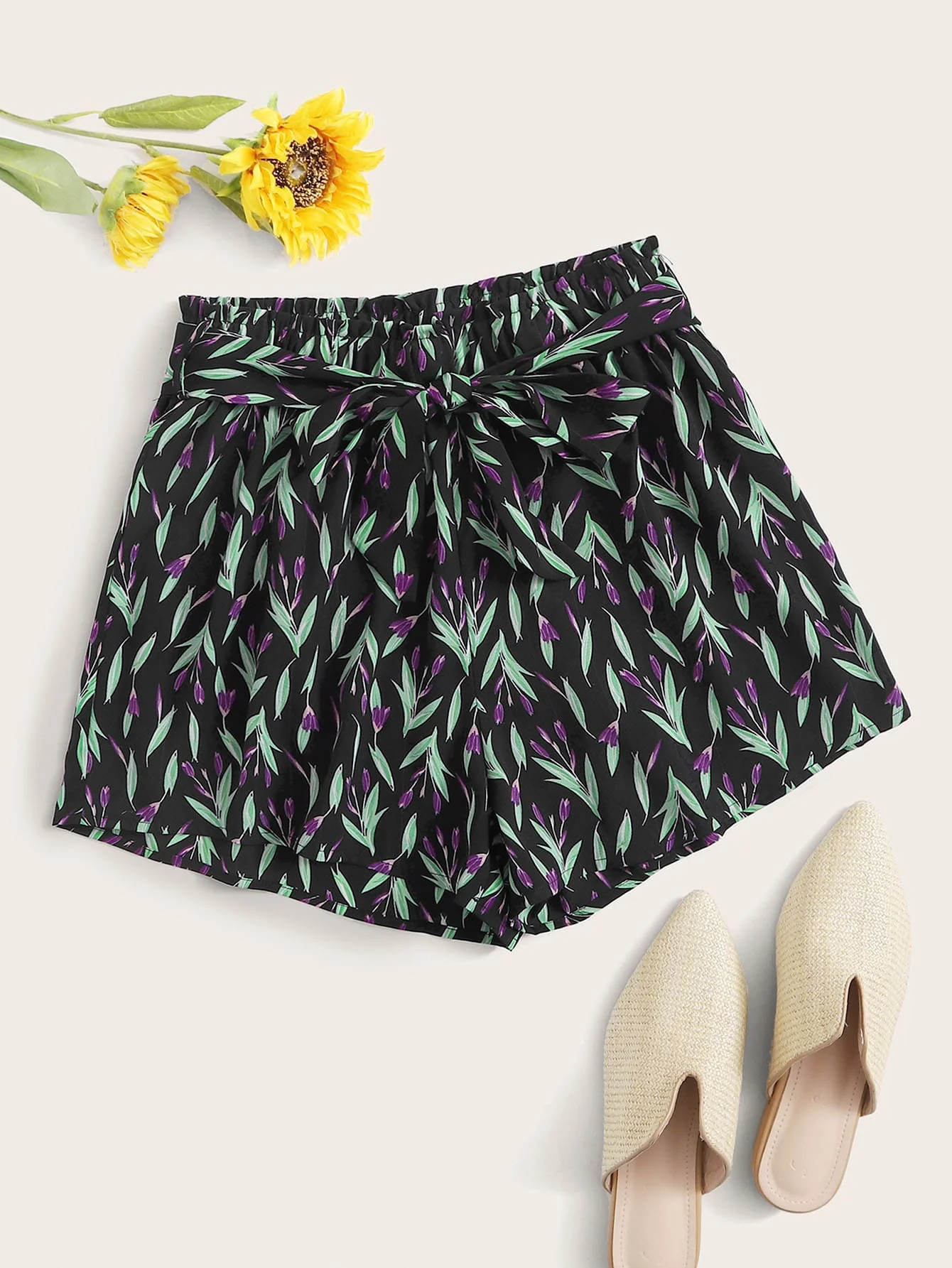 Shorts con estampado floral para mujer, shorts casuales con lazo en la cintura elástica, shorts sueltos de verano estilo bohemio