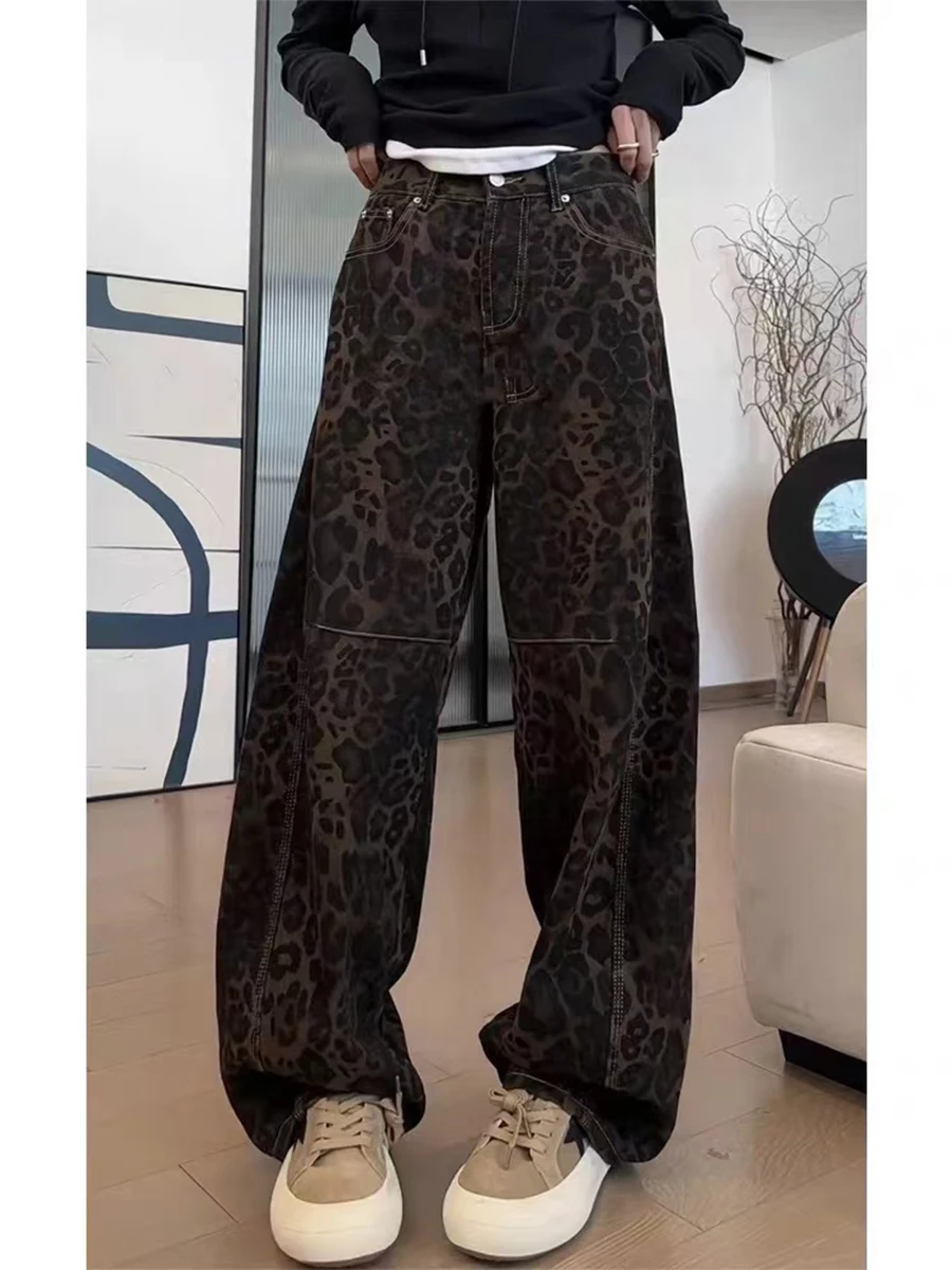 

plus Size American Sle Leopard Print Straight Leg Jeans Women's High Waist Wide Leg Bootcut Pants Casual Autumn Winter