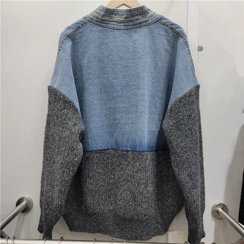 Spring Autumn Women Korean Casual Knitted Patchwork Denim Jacket V-neck Single-breasted Long Sleeve Jeans Jacket Streetwear