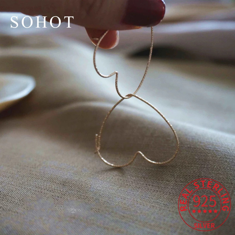 

Real 925 Sterling Silver Exaggerated Hollow Heart Hoop Earrings for Women Party Cute Fine Jewelry Minimalist Trendy Accessories