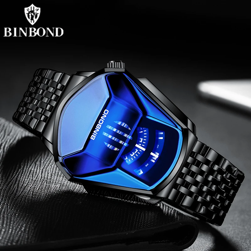 BINBOND Men Popular Fashion Motorcycle Concept Quartz Watch Luminous Steel Band Mesh Watch Touch Screen Black Technology Watch