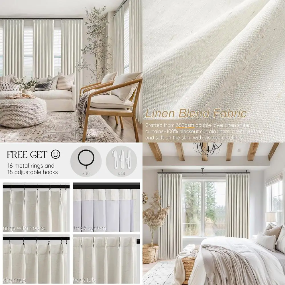 

Шторы блэкаут из натурального льна с плиссировкой, 8 футов, с крючками, нейтральный бежевый цвет, комплект из 2 панелей