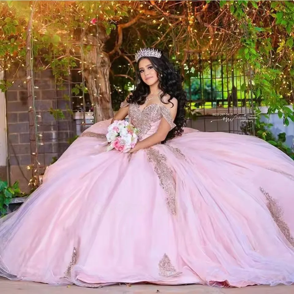 

Pink Charro Quinceanera Dresses Ball Gown Off The Shoulder Appliques Mexican Sweet 16 Dresses 15 Anos Customized