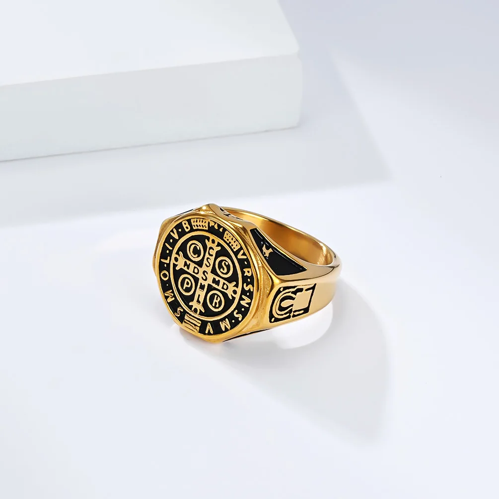 Herrenring aus Titanstahl mit Exorzisten-Kreuz von Heiligen Benedikt, Vintage Retro Religiöser Nischen-Kunstschmuck aus Edelstahl – Detail 6