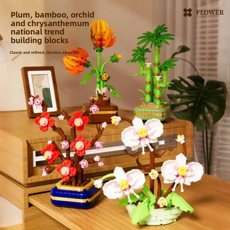 

Flowers Pot Plant Blocks Mini Building Set for Children Girls Gift Mirco Brick Particle Building Blocks Desktop Model for Adult