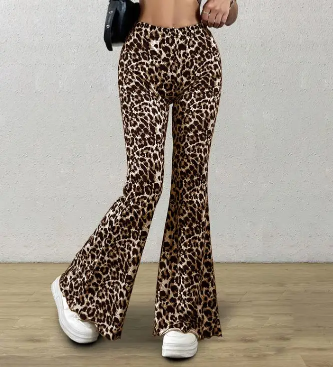 

Hip Lifting Flared Pants 2024 Spring and Autumn New Casual Sexy Knitted Elastic Rubber Leopard Print Flared Pants