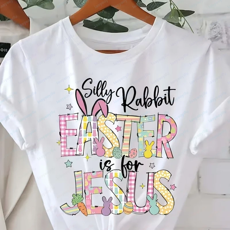 Happy Easter Tee Silly Rabbit Easter Jesus Print Tops Religious Casual Cute Cotton Shirt for Women Kawaii Clothes Ropa Mujer