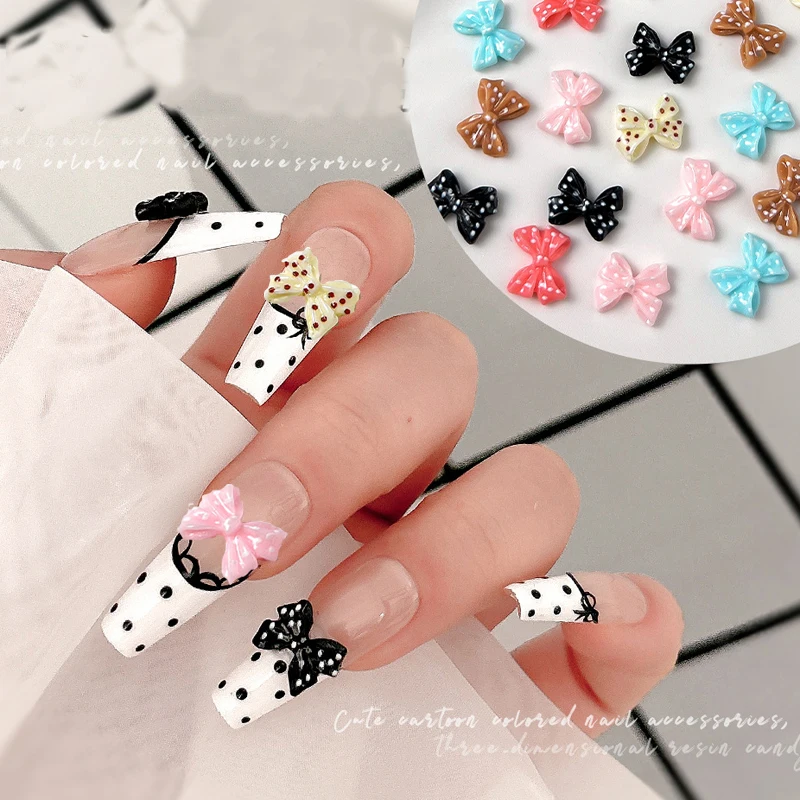 50Pcs Polka Dot Bowknot Nail Charms 3D Resin Cartoon Colourful Wave Point Bow Tie Nail Decoration Kawaii DIY Nail Accessories