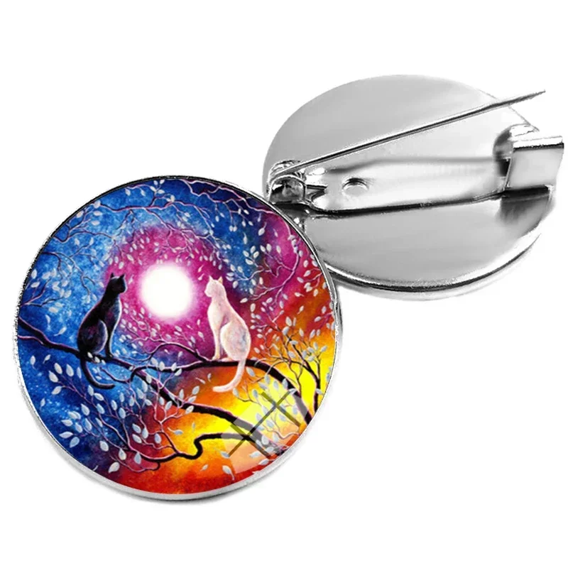 New Style Cat Under Night Sky Brooch Pin Animal Photo Glass Cabochon Brooches Cartoon Painting Pins Gifts Women