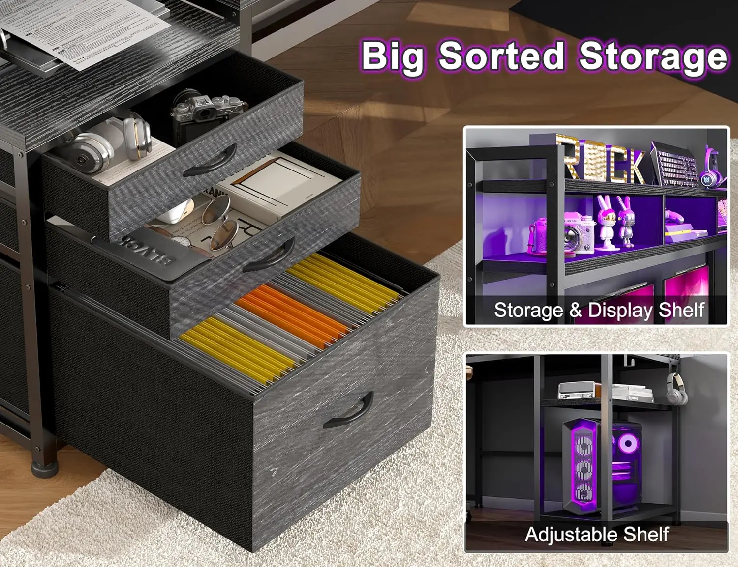 مكتب ألعاب كبير على شكل حرف L مع قفص وأدراج، مكتب على شكل حرف L مقاس 64 بوصة مع أرفف تخزين وحامل شاشة وإضاءة LED للمنزل #4