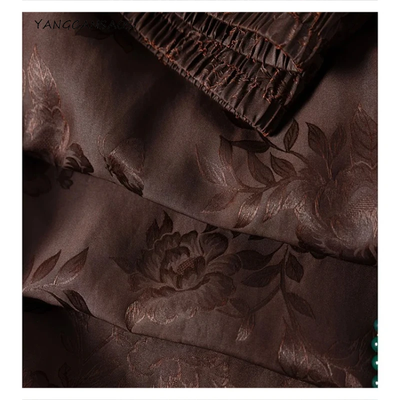 

Women's Dark Red Peony Print Elastic Waist 100% Natural Mulberry Silk Gambiered Guangdong Gauze Casual Straight Leg Pants