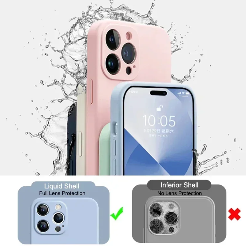 Funda de teléfono de silicona líquida Original para iPhone, 15, 14, 13, 11, 12 Pro, XS Max, XR, 7, 8 Plus, Color sólido, cubierta suave a prueba de