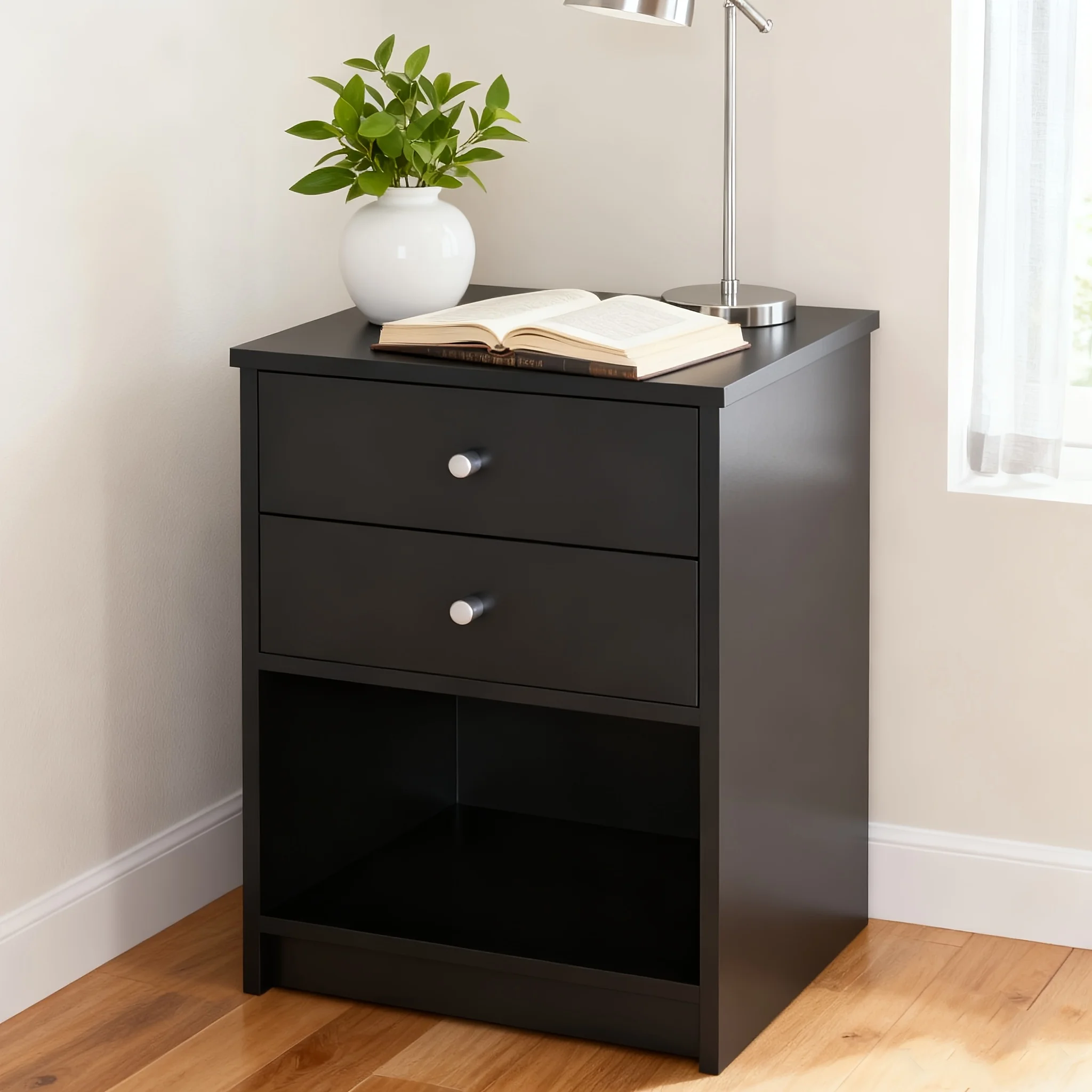 

Black hemp surface particle board with triamine round handle 15.75*11.81*23.62inch double drawer bedside table cost-effective suitable for a variety of scenarios