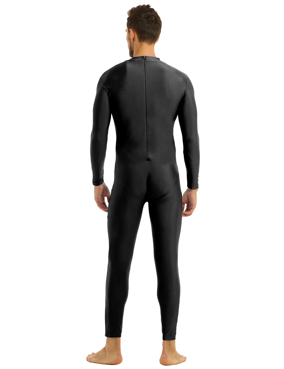 Masculino elastano zentai terno zíper de volta manga longa de uma peça bodysuit de corpo inteiro macacão sexy pele-apertado unitard trajes de dança