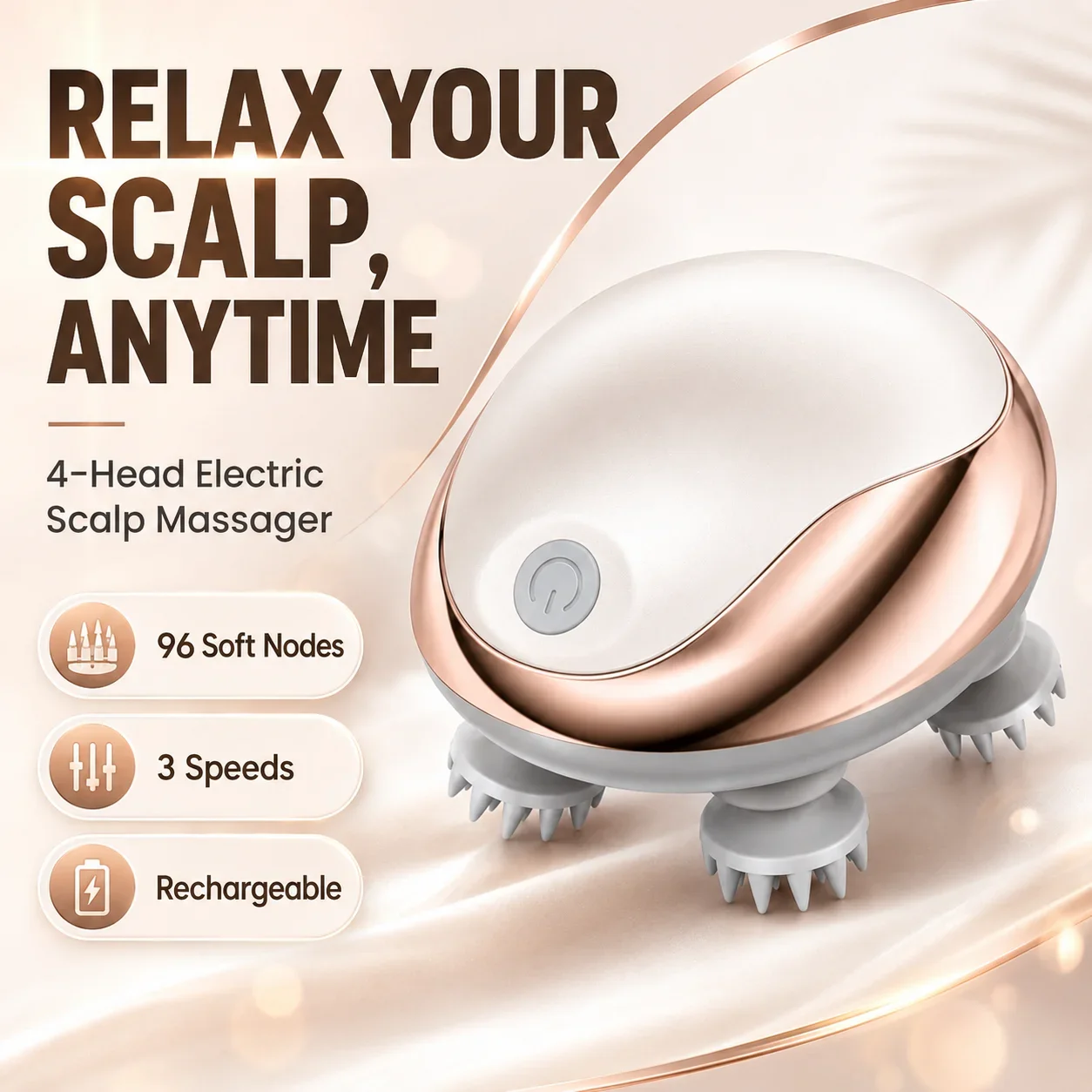 Cordless Electric Scalp Massager, Portable 4 Silicone Claws Head Massager, Type‑C Rechargeable Rotating Massage Device for Scalp