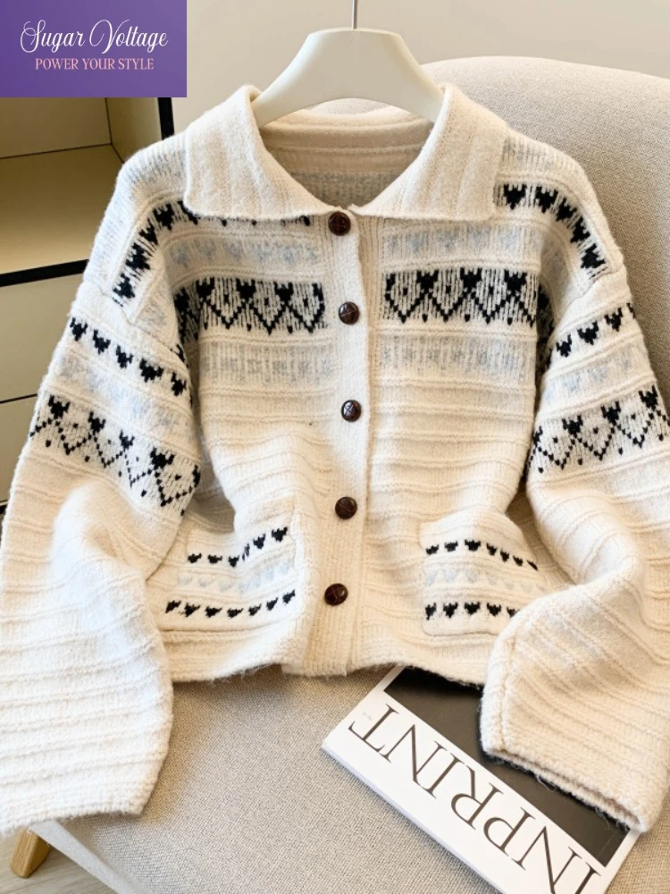 

Vintage Preppy Style Y2k Cute Fashion Knit Soft Sweater Women Loose Fit Long Sleeve Lapel Button Tops Casual Elegant Cardigan