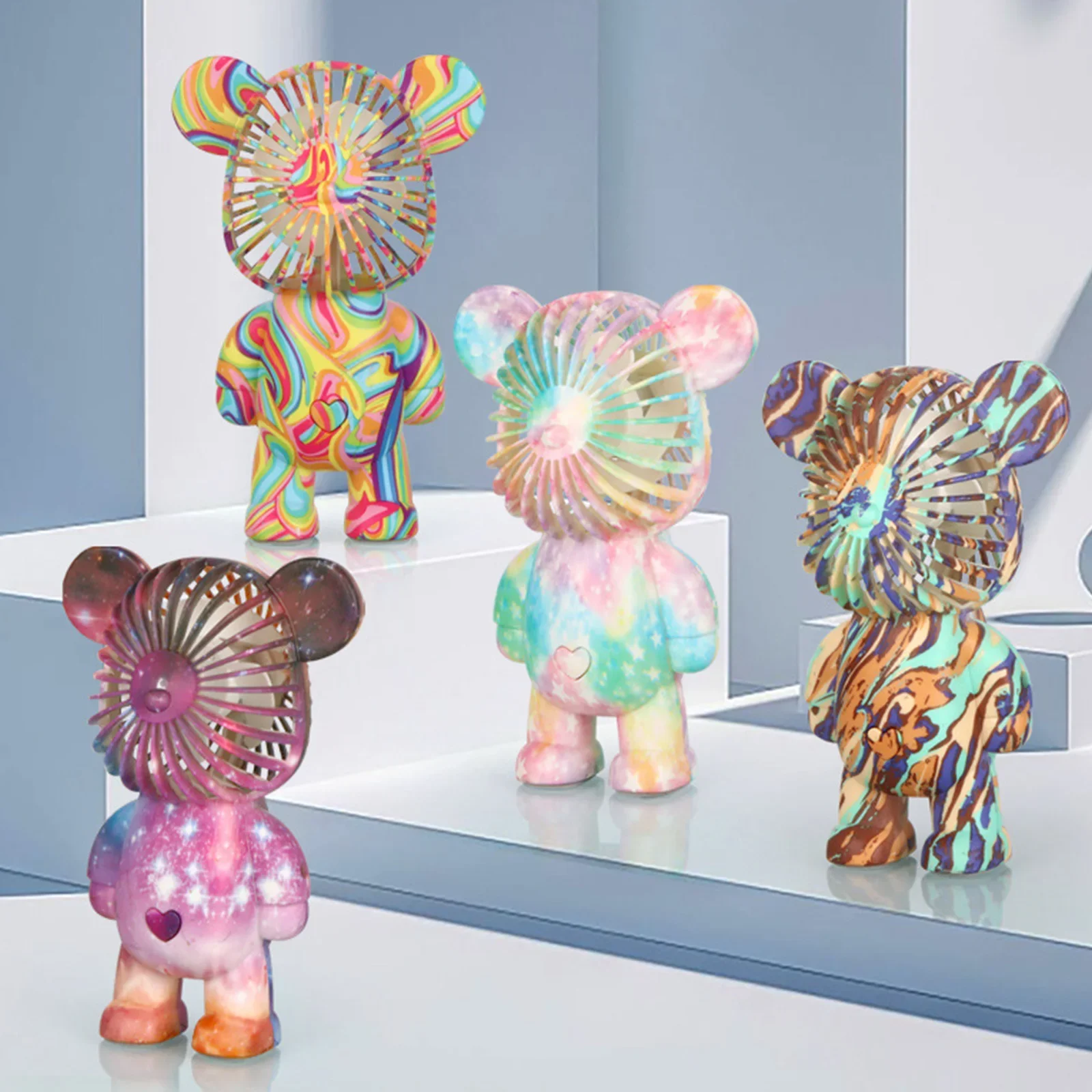 

Электрический вентилятор-медведь с граффити, портативный, USB-перезаряжаемый, с градиентным гальваническим покрытием, 3 скорости, для дома, офиса, учебы