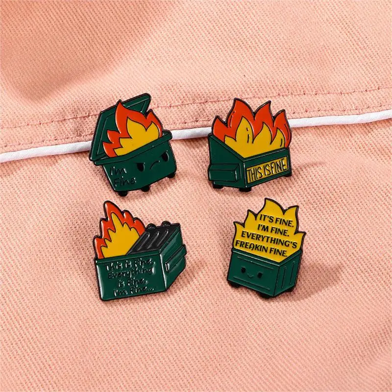 4pcs Cute Cartoon Trash Can Catch Fire Enamel Brooch Creative English Letter Lapel Pin Badge Backpack Clothing Hat Accessories