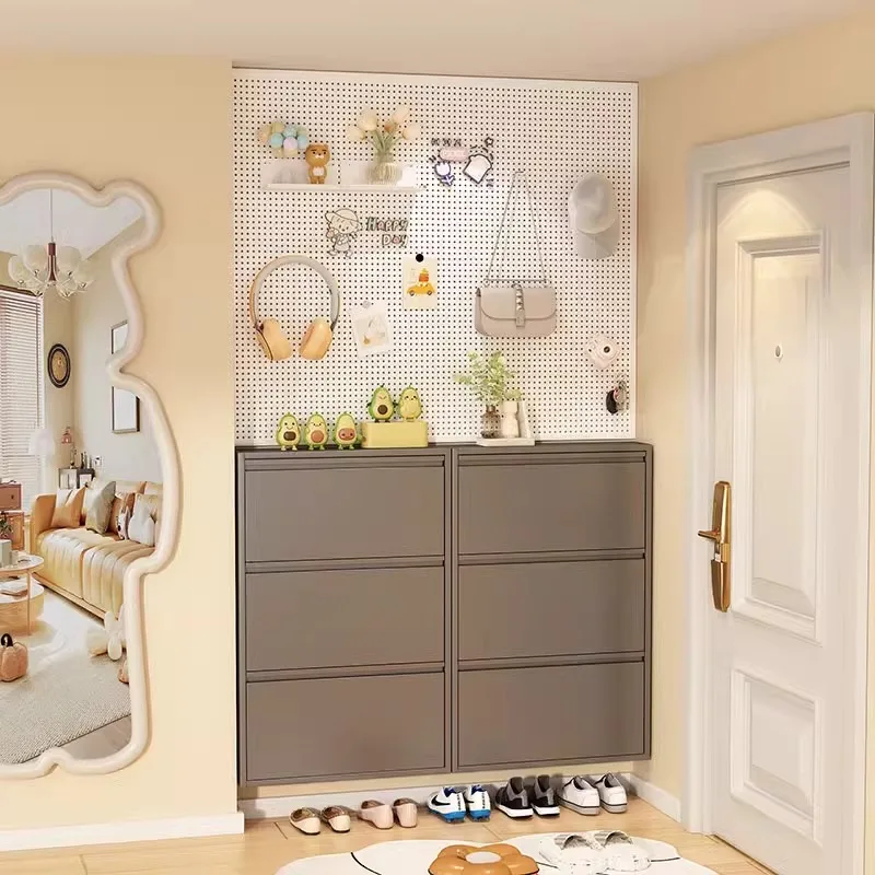 

10.2Cm ultra-thin household simple steel tipping bucket shoe cabinet wall-mounted small apartment narrow shoe rack door entrance