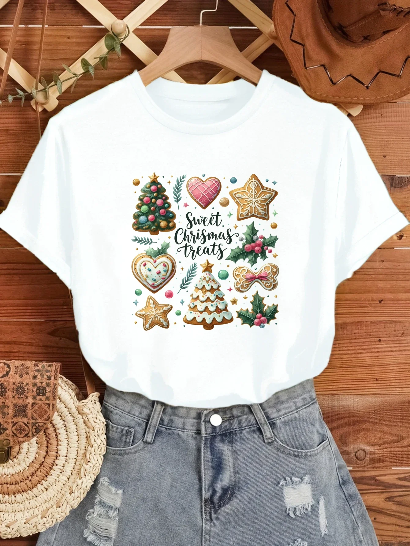 2025 عيد الميلاد Crewneck قصيرة الأكمام السيدات تي شيرت عادية القطن زوجين Y2k بلايز تي شيرت رياضي الربيع الصيف تشغيل الصالة الرياضية تيز